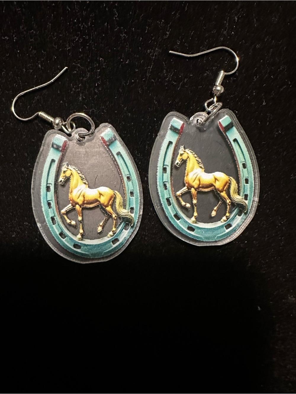 Horse & Horseshoe Dangle Earrings in Teal and Gold